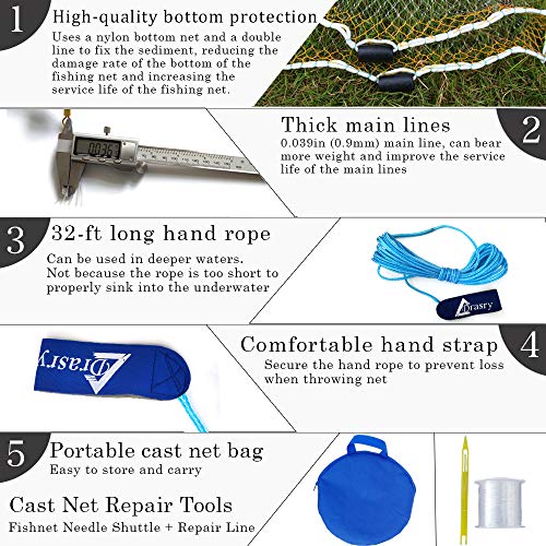 Fishing Cast Net with Heavily sinkers for Saltwater Freshwater Bait Trap Throw Net. Size 4ft to 10ft Radius (7FT (210cm) Radius / Pvc-0.3mm Mono 3/8mesh)