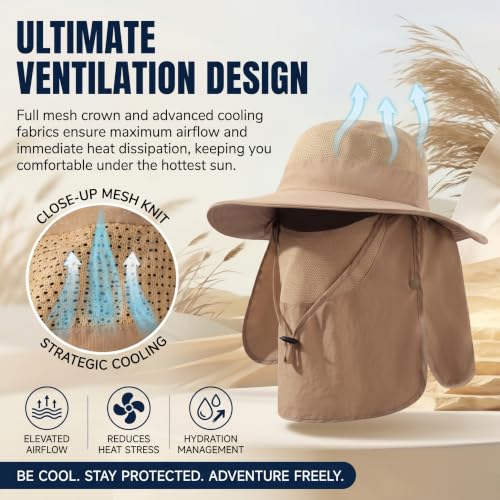 Men's Fishing Hat Sun Hat 2 Pack Boonie Hats UPF 50+ Wide Brim Outdoor Work Hats with Breathable Mesh & Chin Strap for Farming (Black+khaki)