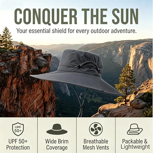 Fishing Sun Hat for Men UPF 50+ Wide Brim Boonie Hats for Summer (Dark Gray)