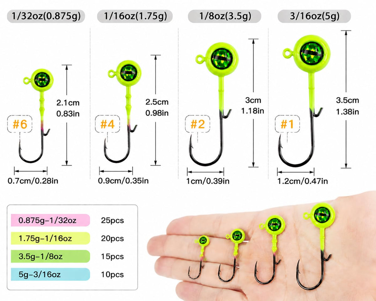 Jig Heads Fishing Hooks Kit with 3D Eyes Multi Size for Bass Panfish Lures (70pcs-1/32oz,1/16oz,1/8oz,3/16oz)