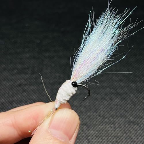 8Pc Bionics Crystal Flash Silk Shrimp Artificial Lures Fly Fishing Flies Saltwater Freshwater Bait Fishing for Bass Trout Salmon Hook Size #6 (Silvery)