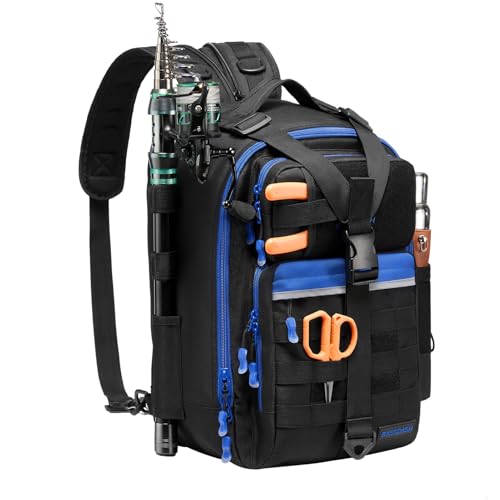 Convertible Fishing Backpack Sling Bag with Rod Holder (Black/Royal Blue / Large)
