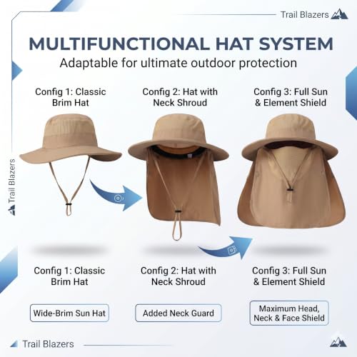 Men's Fishing Hat Sun Hat 2 Pack Boonie Hats UPF 50+ Wide Brim Outdoor Work Hats with Breathable Mesh & Chin Strap for Farming (Black+khaki)