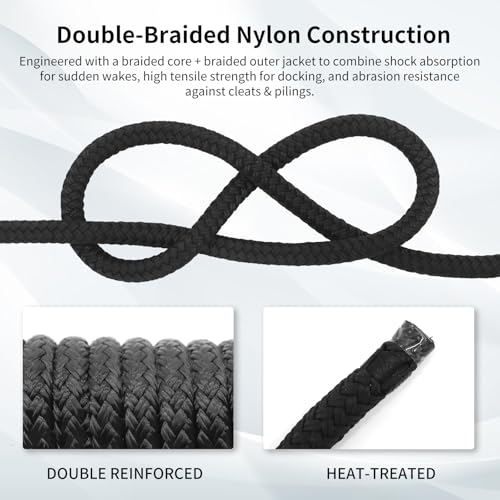 4Pack 1 2in x 20ft Double Braided Nylon Dock Lines Boat Ropes for Docking with Loop Marine Grade Mooring Lines with 12” Pre (Black / 1/2in x 20ft(4 Pack))
