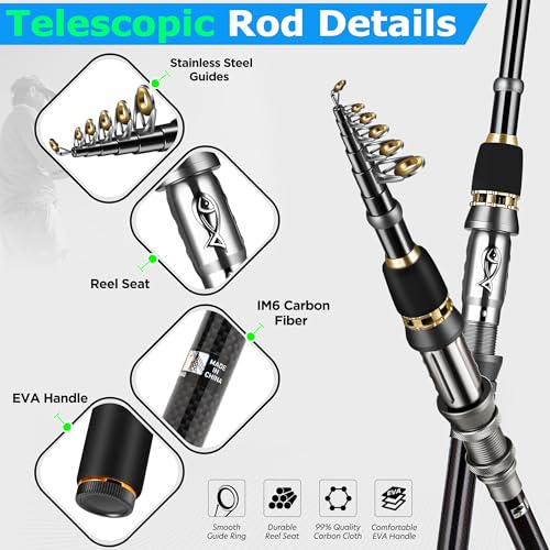 Collapsible Telescopic Fishing Rod Pole and Reel Combo Starter Kit (Full Kit with Fishing Tackle Box / 1.8m 5.91ft)