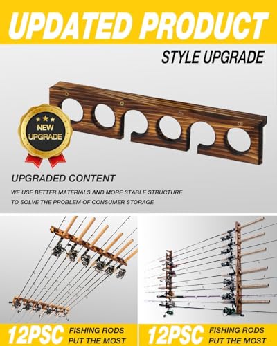 Holds Up to 12 Rods Fishing Pole Rod Racks Wall or Ceiling Mounted Fishing Pole Rod Holders for Garage Storage Organizer Fishing Gear Equipment for Men Women (Carbonization / 2 set holds up 12 rods)