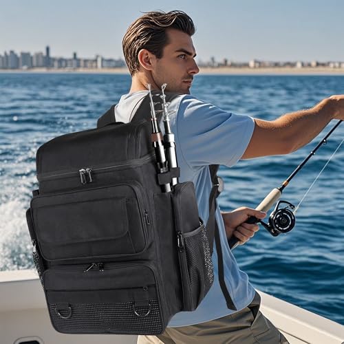 Fishing Tackle Backpack With Rod Holders (Black)