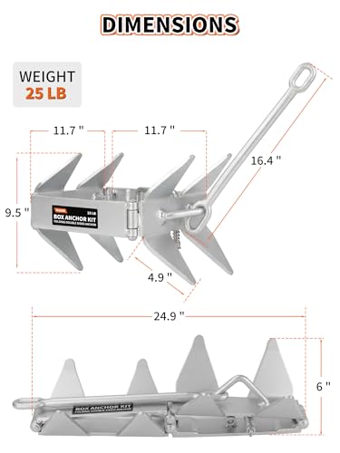 25 LB Box Anchor Kit with 100 FT Nylon Rope & Anchor Chain (25 LB - for Boats Up to 40 FT)