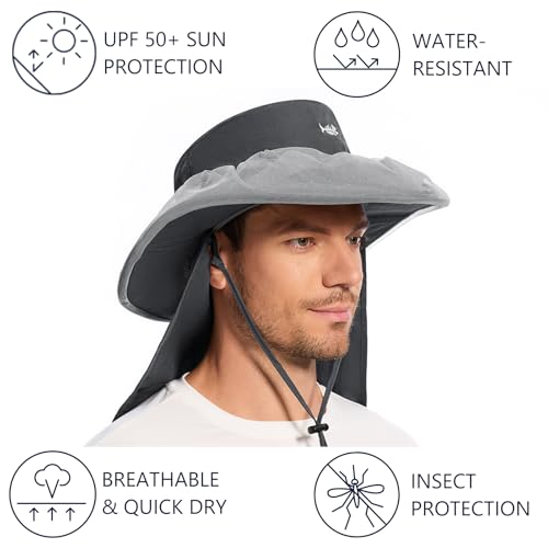 UPF 50+ Mosquito Net Hat with Stowable Neck Flap for Men Women Outdoor Fishing Hiking Camping Gardening FH17 Dark Grey (Large / Dark Grey)