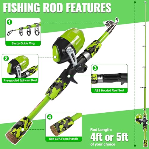 Kids Fishing Pole with Spincast Reel Telescopic Fishing Rod Combo Full Kits for Boys (Green / 5FT / 1.5M)