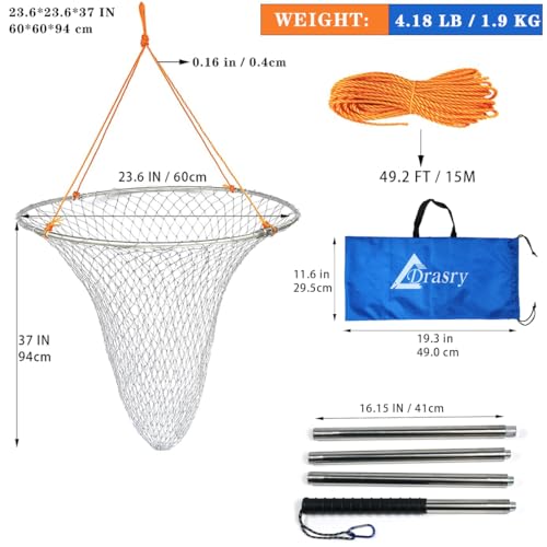 Large Collapsible Bridge Pier Fishing Net Landing Net with Rod (23.6 x 23.6 x 37")