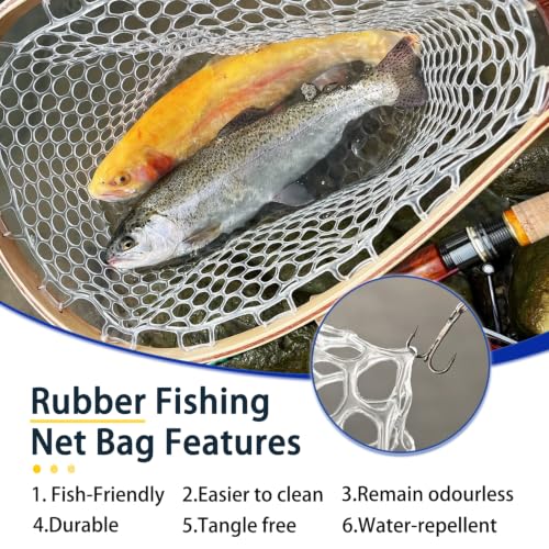 Fly Fishing Landing Net Trout Soft 23.62in Rubber Catch and Release Fish Net with Wooden Handle Frame Magnetic Fly Fish Net