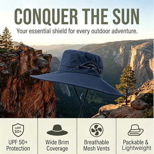 Fishing Sun Hat for Men UPF 50+ Wide Brim Boonie Hats for Summer (Navy Blue)