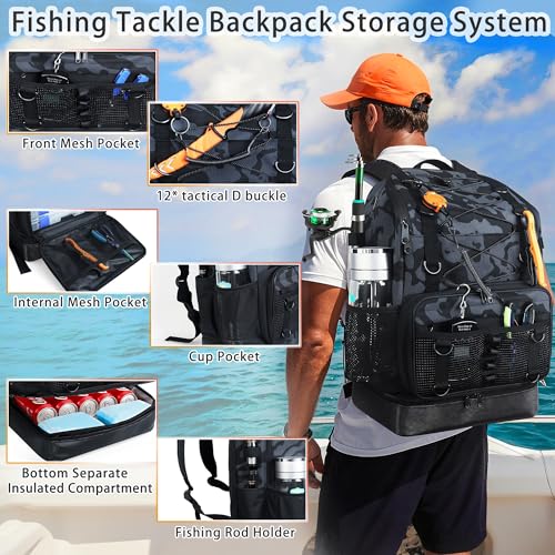 Fishing Backpack with Rod Holder (Black Camo)