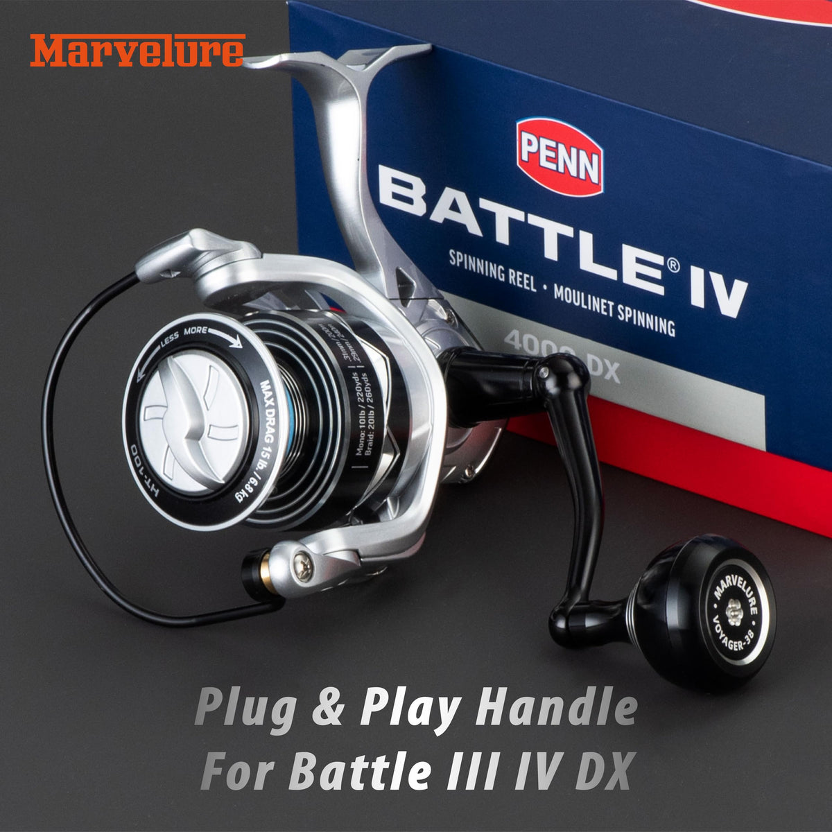 Foldable Power Handle for Penn Pursuit III IV (Black Silver / For Battle III IV DX 2500-4000 Thread)